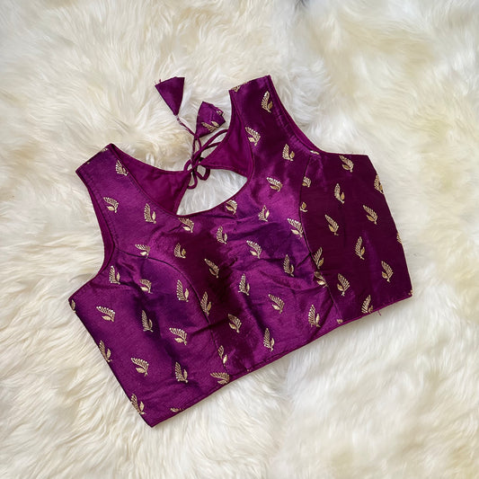 Regal Purple Raw Silk Blouse with Golden Aari Embellishments