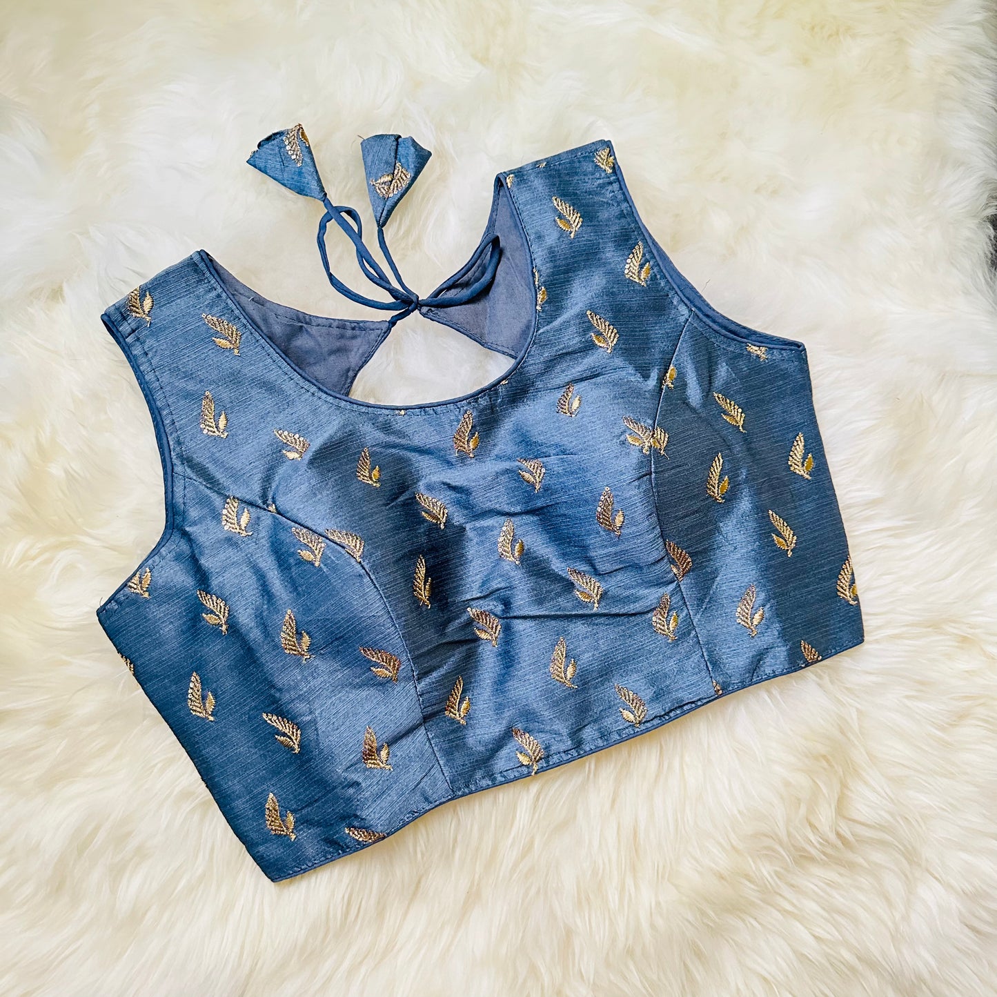 Elegant Grey Silk Blouse with Golden Aari Embellishments