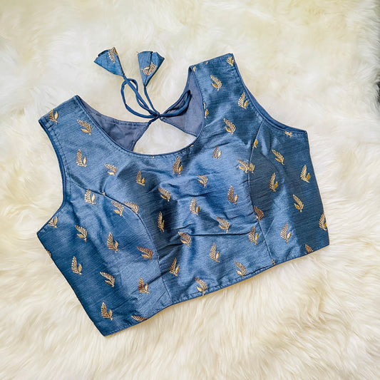Elegant Grey Silk Blouse with Golden Aari Embellishments