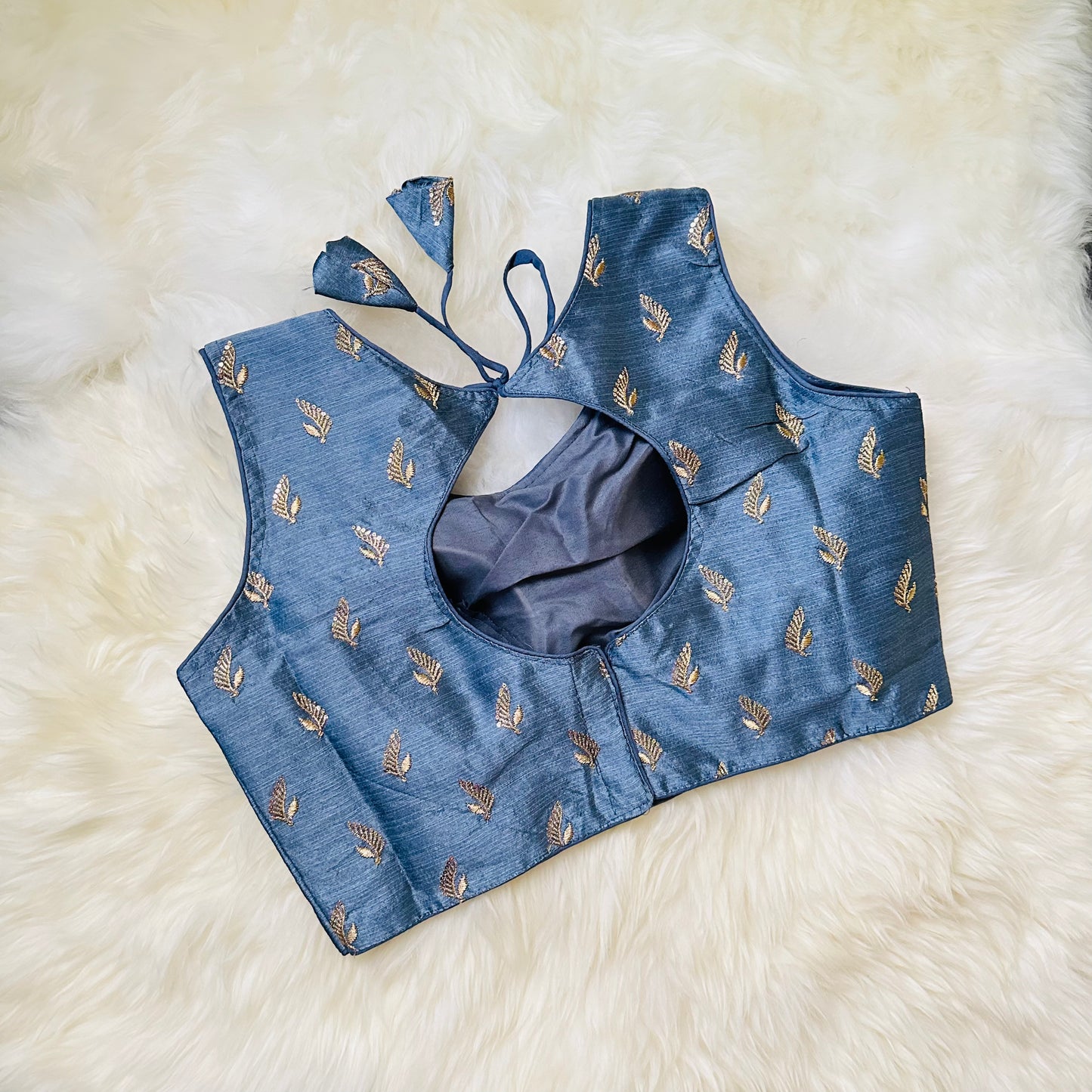 Elegant Grey Silk Blouse with Golden Aari Embellishments
