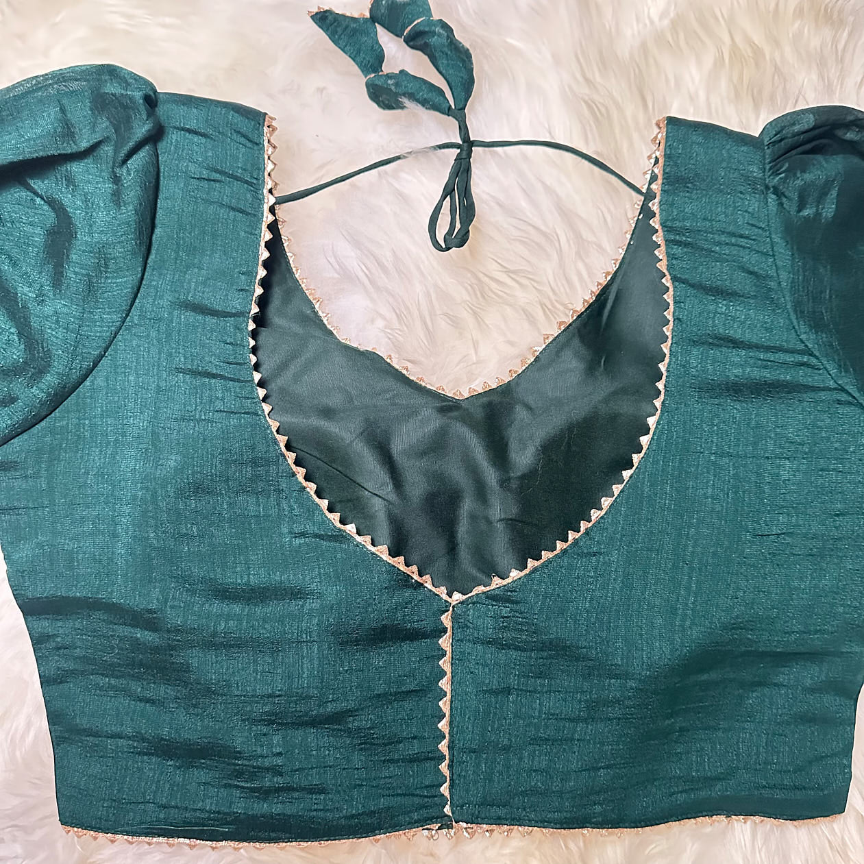 Green Silk Blouse with Elegant Puff Sleeves