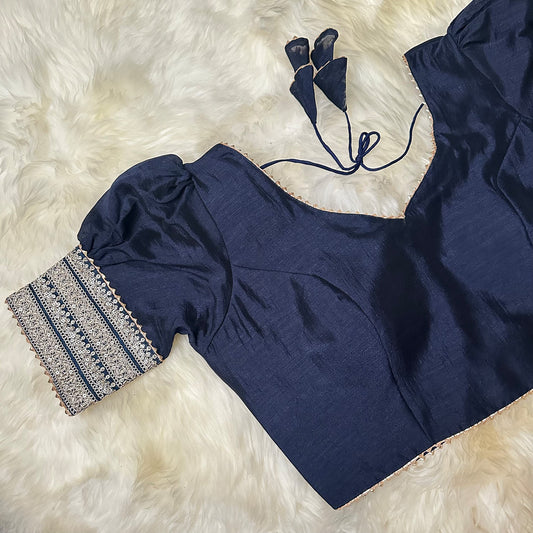 Navy Blue Silk Blouse with Classic Puff Sleeves – Adjustable Size 32 to 38