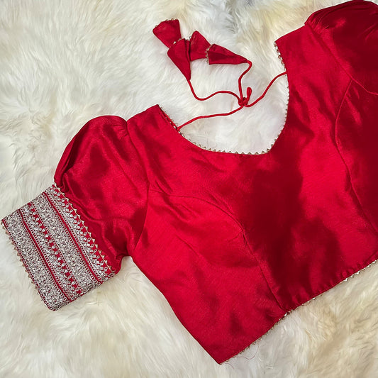 Crimson Red Silk Blouse with Puff Sleeves – Adjustable Fit (32 to 38)