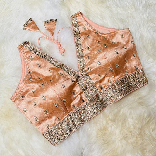 Peach Silk Blouse with Intricate Embroidery & Stone Embellishments – Adjustable Fit (32 to 36)