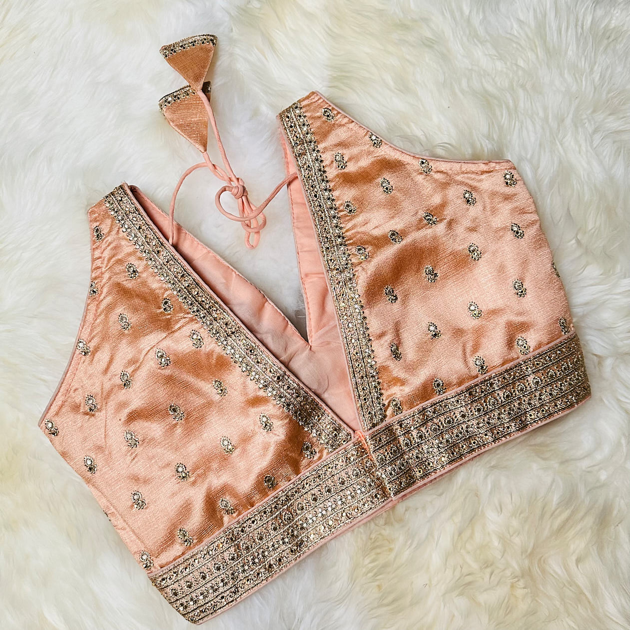 Peach Silk Blouse with Intricate Embroidery & Stone Embellishments – Adjustable Fit (32 to 36)