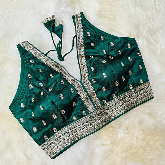 Green Silk Blouse with Exquisite Embroidery & Stone Embellishments – Adjustable Fit (32 to 36)