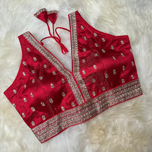 Red Silk Blouse with Intricate Embroidery & Stone Embellishments – Adjustable Fit (32 to 36)