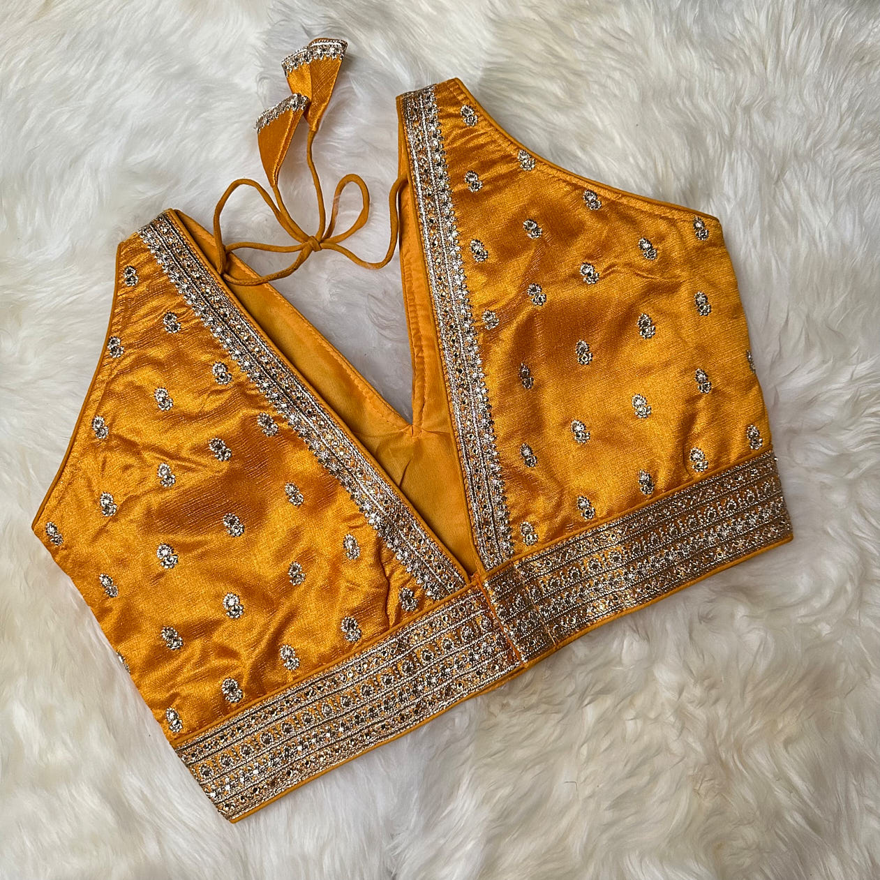 Yellow Silk Blouse with Intricate Embroidery & Stone Embellishments – Adjustable Fit (32 to 36)
