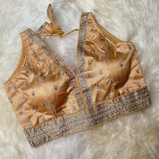 Golden Cream Silk Blouse with Delicate Embroidery & Stone Embellishments – Adjustable Fit (32 to 36)