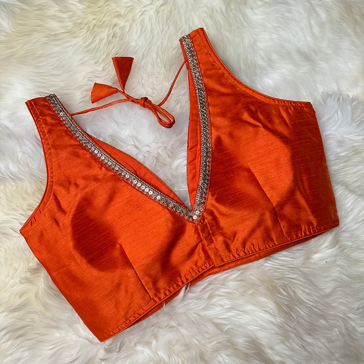Orange Silk Blouse with Elegant Embroidery – Adjustable Fit (32 to 38)