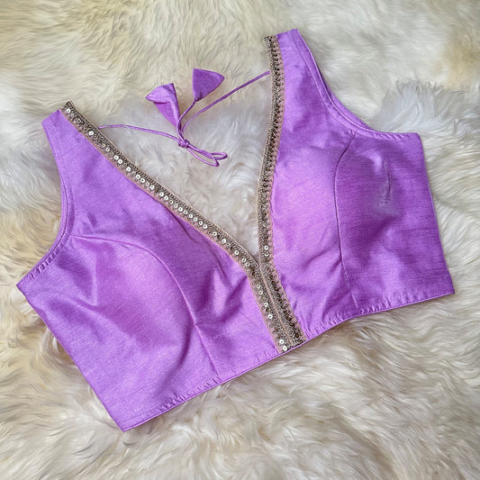Soft Lavender Silk Blouse with Delicate Embroidery – Adjustable Fit (32 to 38)
