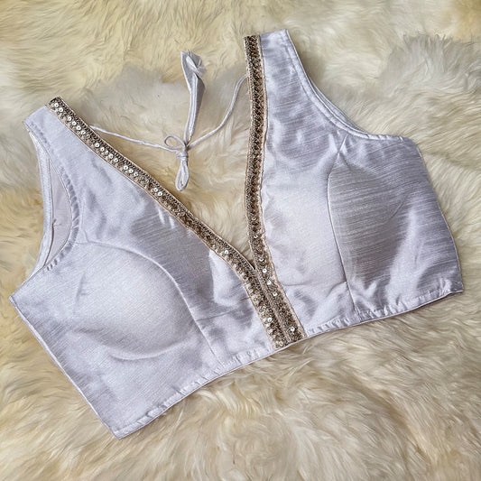 Pure White Silk Blouse with Delicate Embroidery – Adjustable Fit (32 to 38)