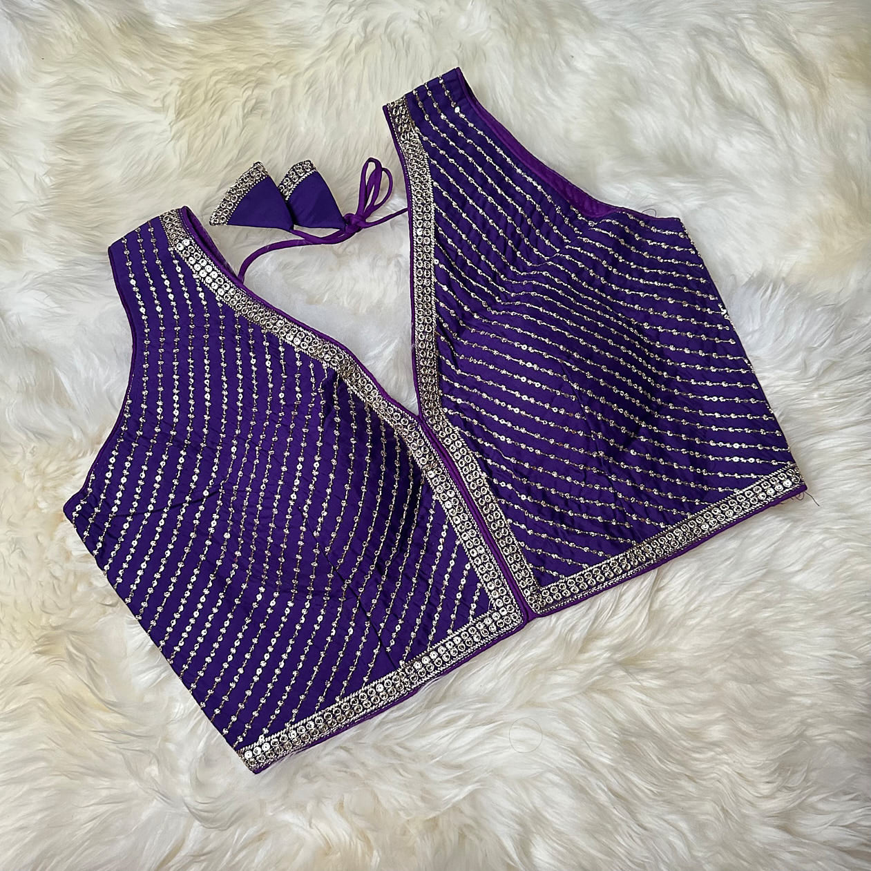 Violet Silk Blouse with Stunning Sequin Detailing – Adjustable Fit (32 to 38)