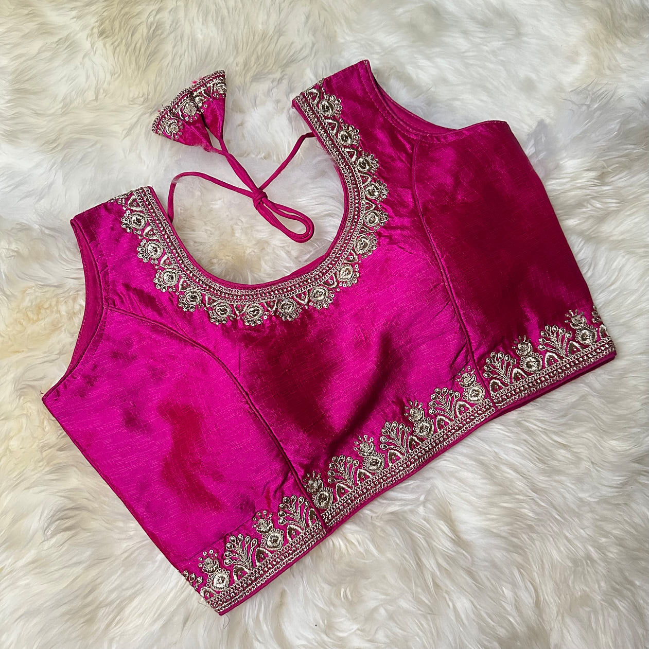 Pink Silk Blouse with Exquisite Embroidery – Adjustable Fit (32 to 38)