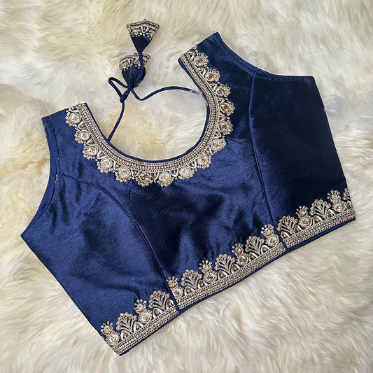 Regal Navy Blue Silk Blouse with Elegant Embroidery – Fits 32 to 38