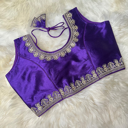 Royal Violet Silk Blouse with Exquisite Embroidery – Fits 32 to 38