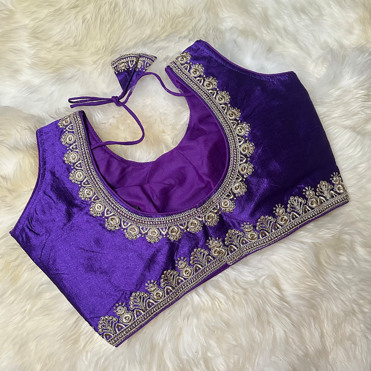 Royal Violet Silk Blouse with Exquisite Embroidery – Fits 32 to 38