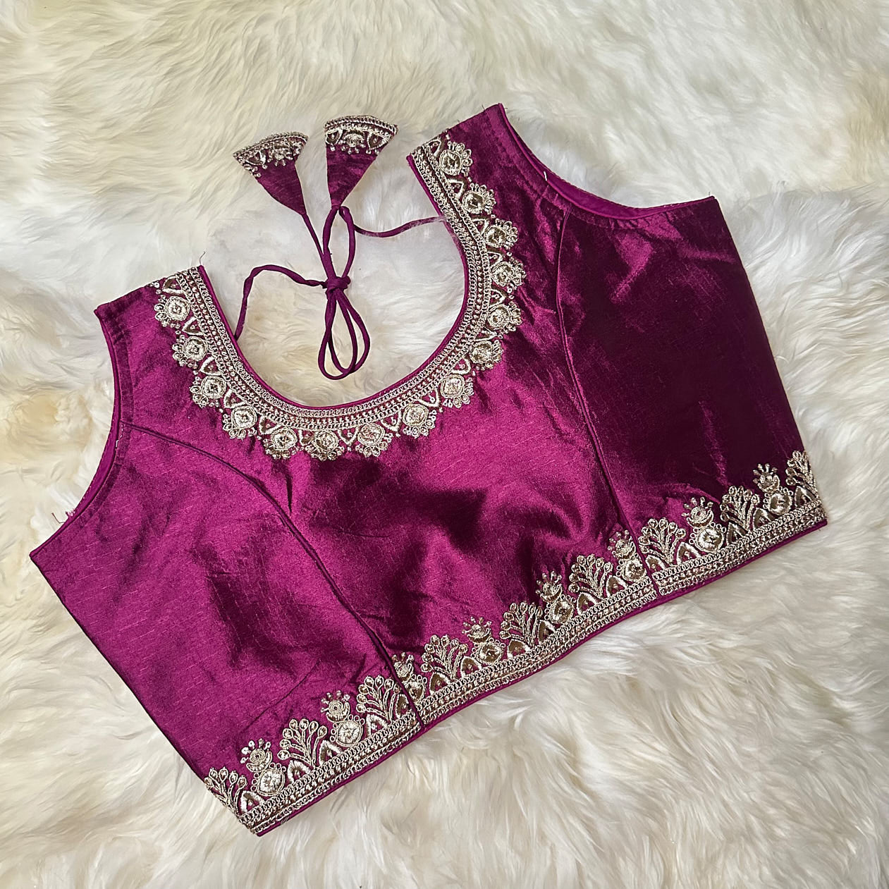 Rich Burgundy Silk Blouse with Fine Embroidery – Fits 32 to 38