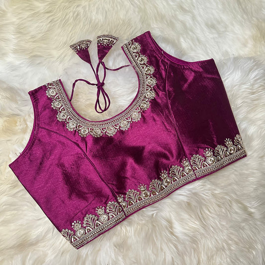 Rich Burgundy Silk Blouse with Fine Embroidery – Fits 32 to 38