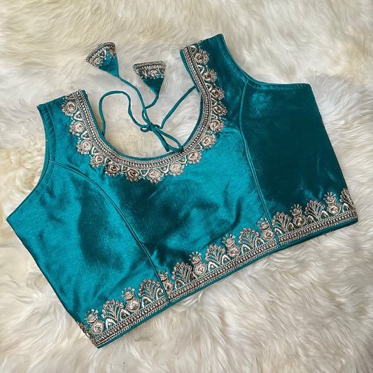 Refreshing Turquoise Silk Blouse with Elegant Embroidery – Fits 32 to 38