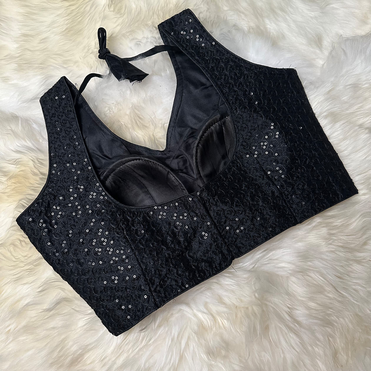 Classic Black Silk Designer Blouse with All-Over Sequins – Adjustable Fit (32 to 38)