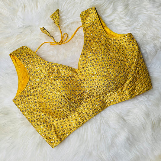 Radiant Yellow Silk Blouse with All-Over Sequins – Perfect Party Wear (Fits 32 to 38)