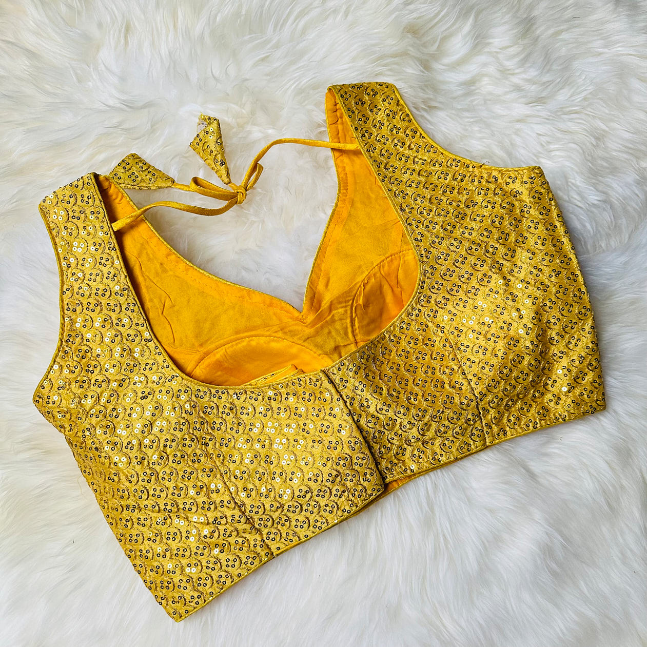 Radiant Yellow Silk Blouse with All-Over Sequins – Perfect Party Wear (Fits 32 to 38)