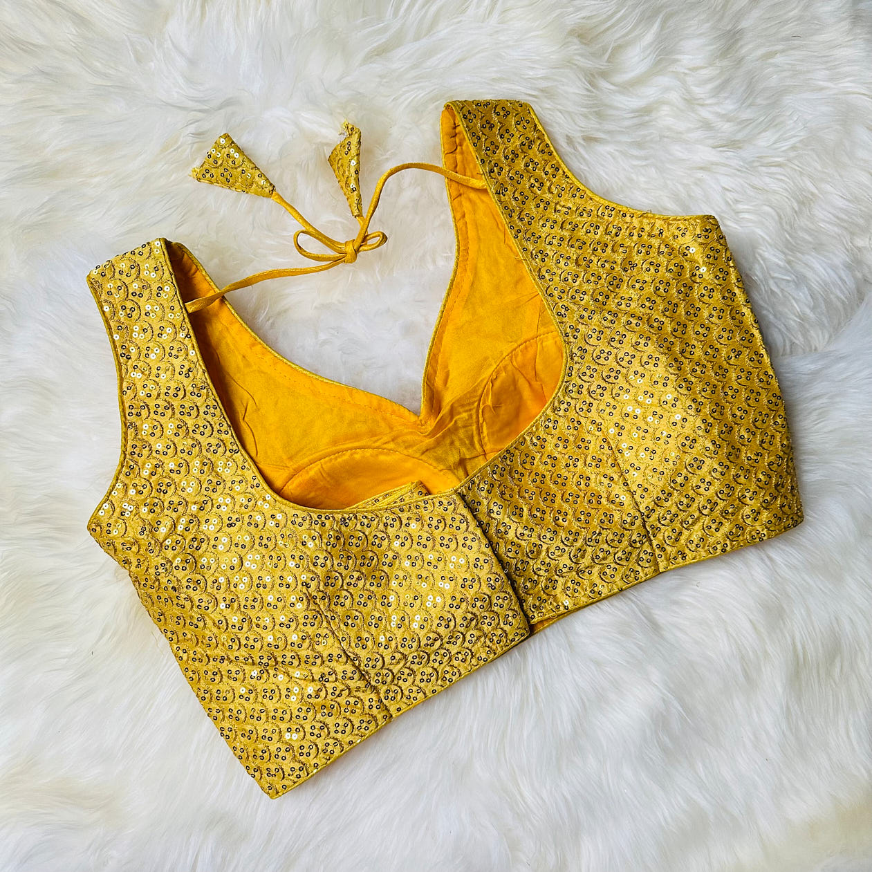 Radiant Yellow Silk Blouse with All-Over Sequins – Perfect Party Wear (Fits 32 to 38)