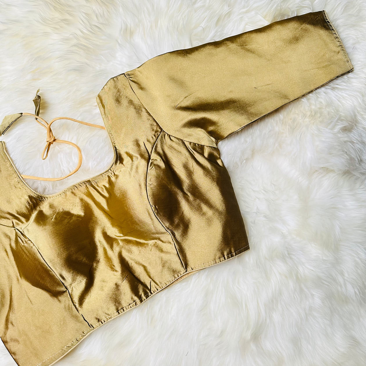 Elegant Golden Cream Silk Long-Sleeve Blouse – Perfect Fit (32 to 38) – Classic & Versatile
