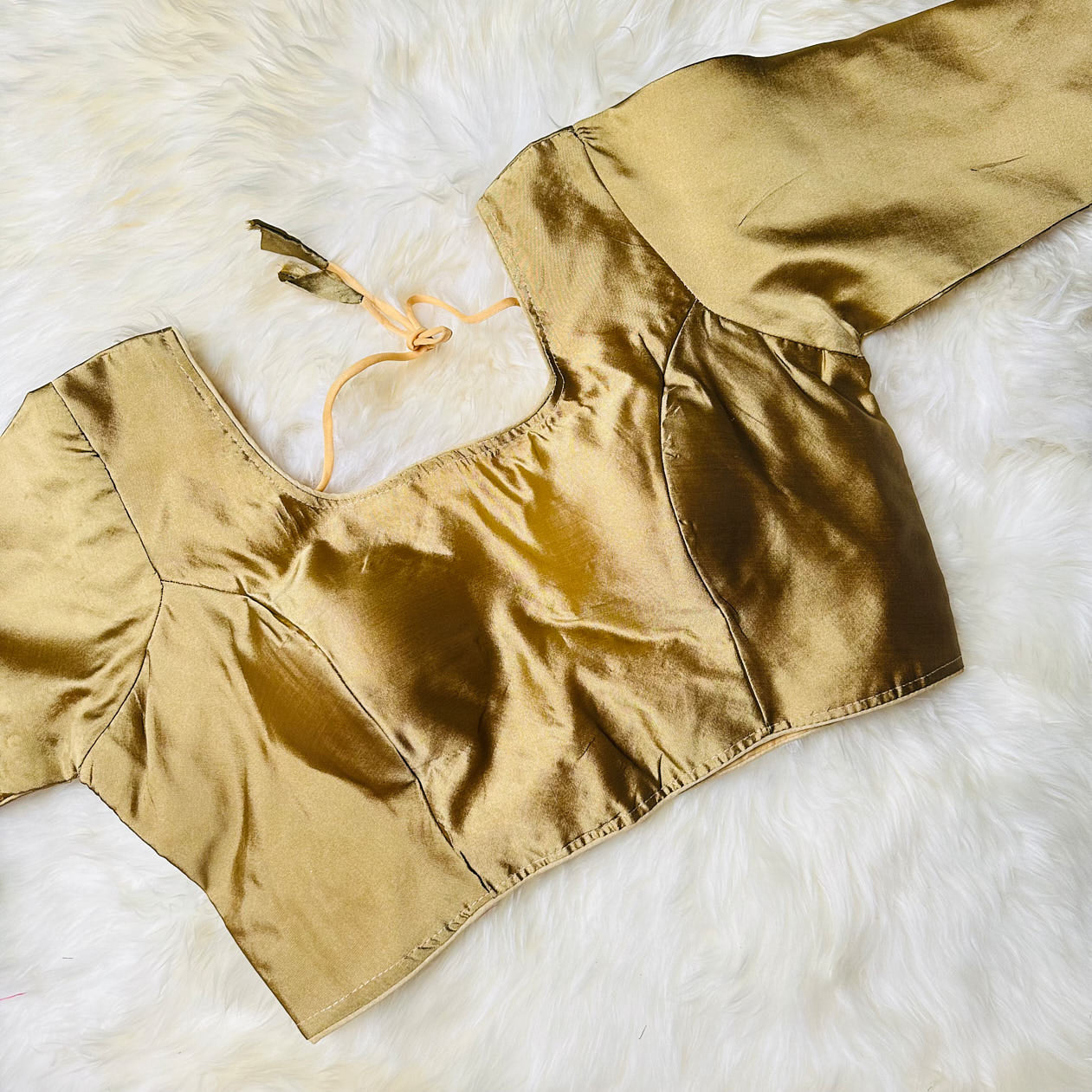 Elegant Golden Cream Silk Long-Sleeve Blouse – Perfect Fit (32 to 38) – Classic & Versatile