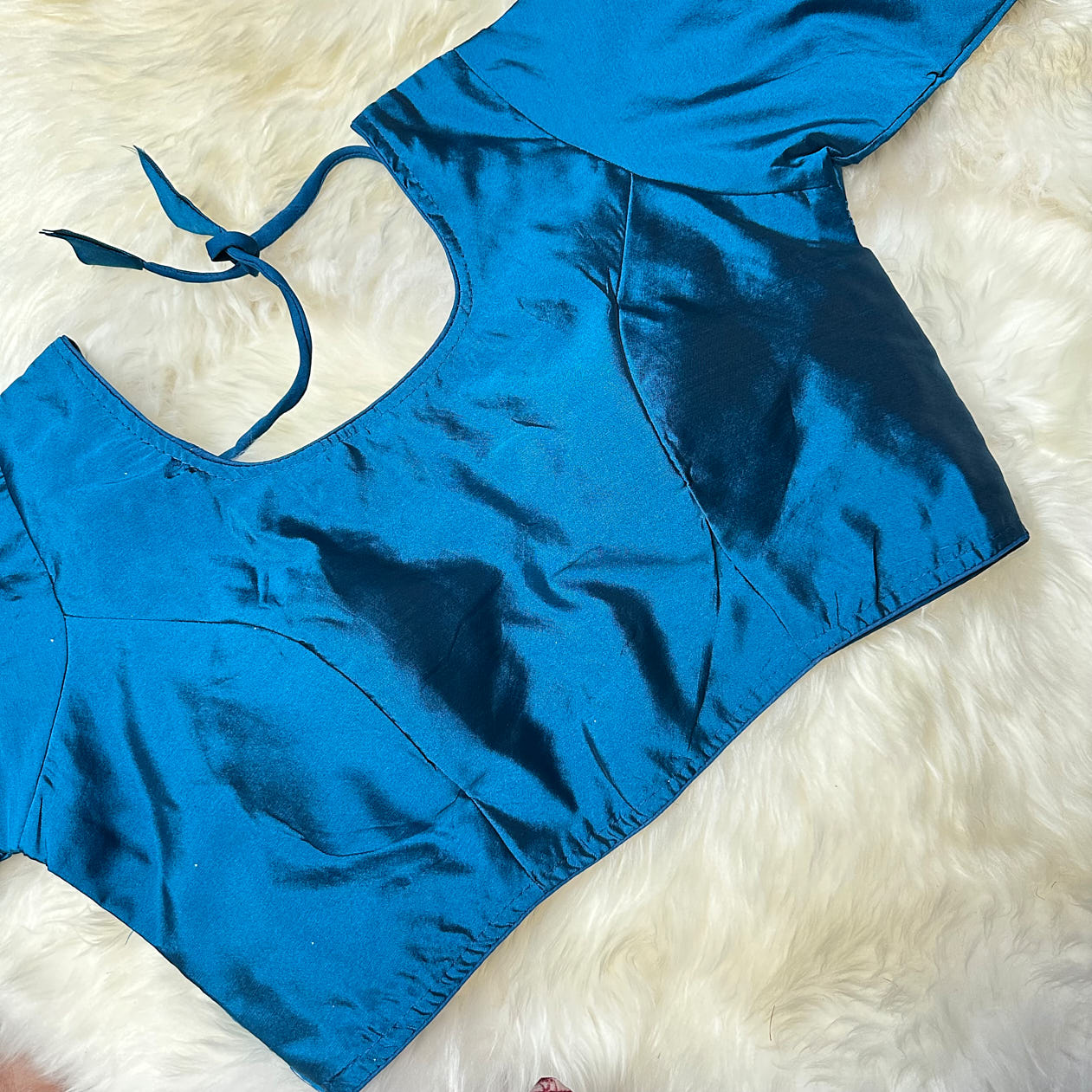 Elegant Teal Blue Silk Long-Sleeve Blouse – Perfect Fit (32 to 38) – Sophisticated & Stylish