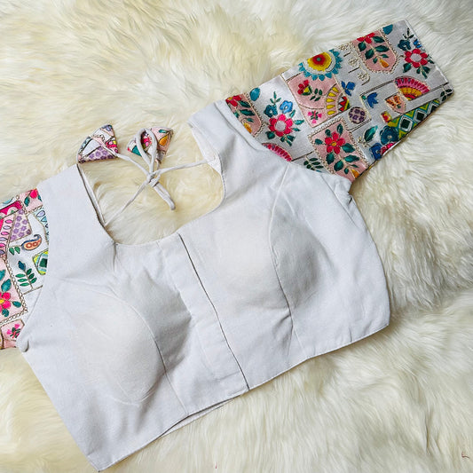 Elegant White Cotton Blouse with Artistic Embroidered Sleeves – Perfect Fit (32–38)