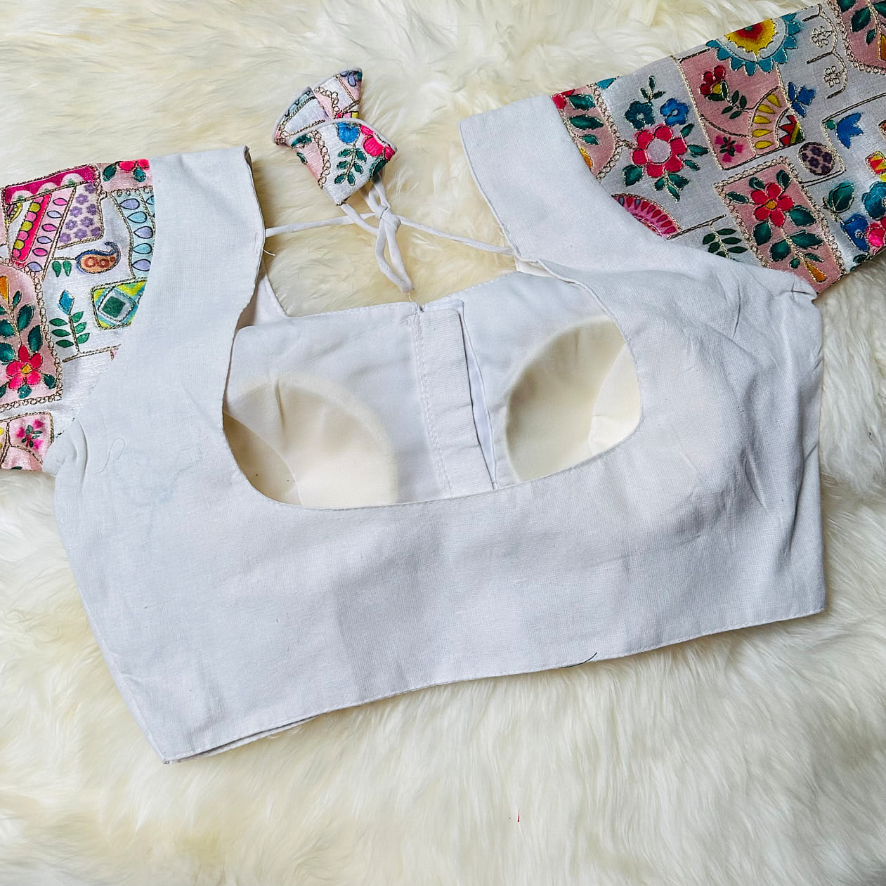 Elegant White Cotton Blouse with Artistic Embroidered Sleeves – Perfect Fit (32–38)