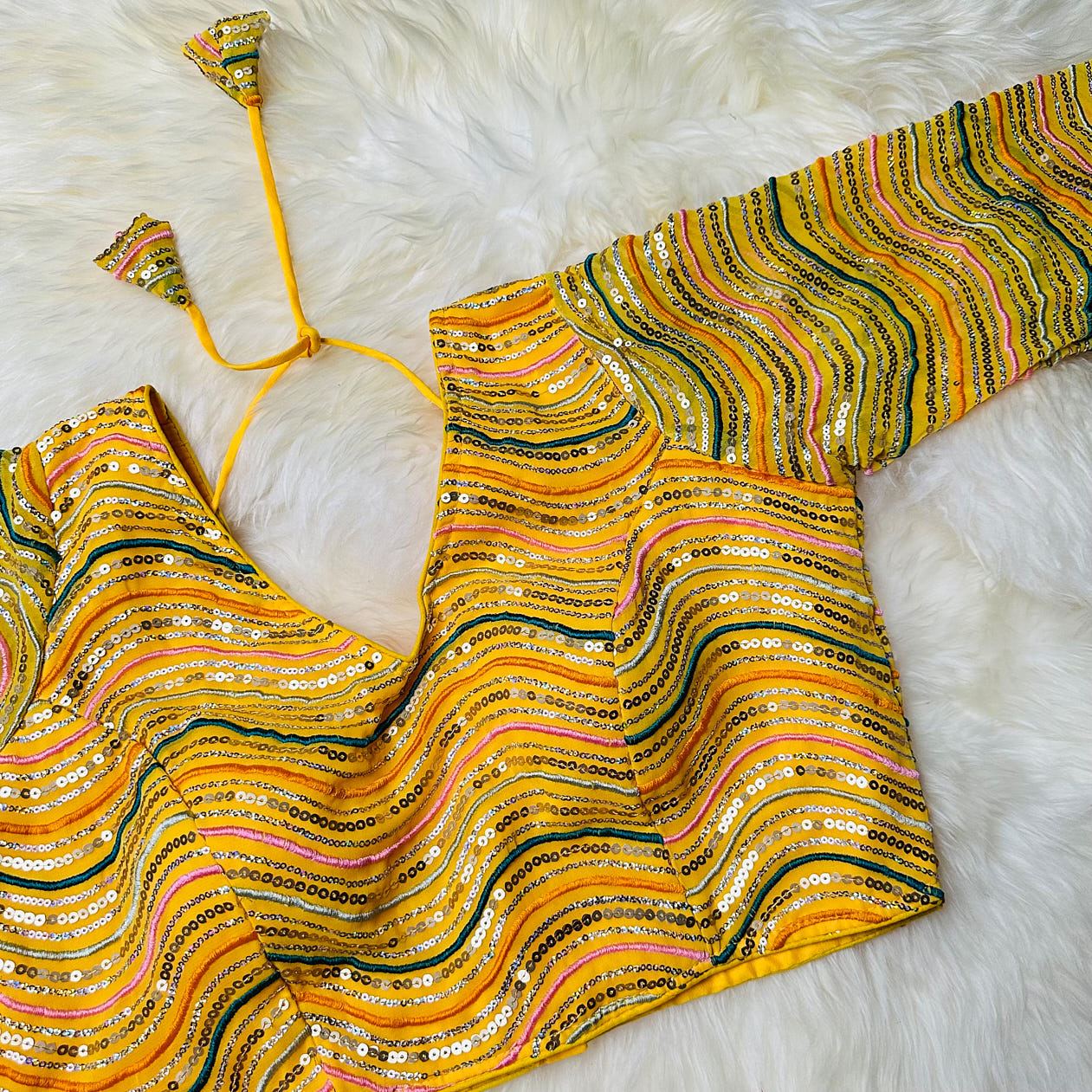 Radiant Yellow Designer Georgette Blouse with All-Over Sequins – Perfect Fit 32 to 38