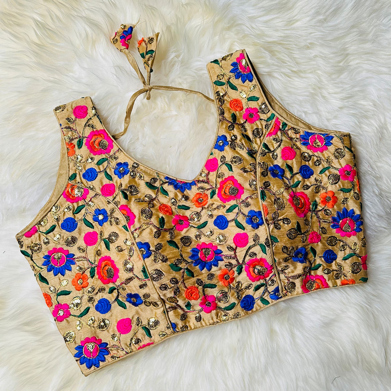 Golden Silk Floral Embroidered Designer Blouse – Perfect Fit (32 to 36)