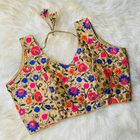 Golden Silk Floral Embroidered Designer Blouse – Perfect Fit (32 to 36)