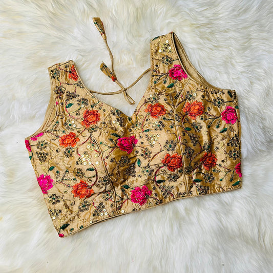 Golden Silk Blouse with Floral Embroidery – Pink & Orange Accents, Size 32-38