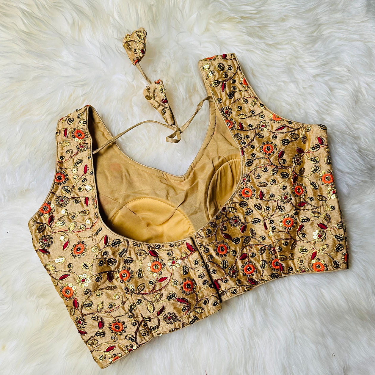 Golden Silk Blouse with Multicoloured Floral Embroidery – Festive Wear, Fits 32-38