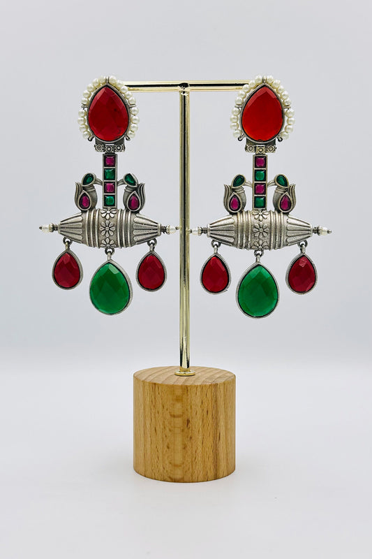 Handcrafted Silver Earrings with Red and Green Crystals and Pearls