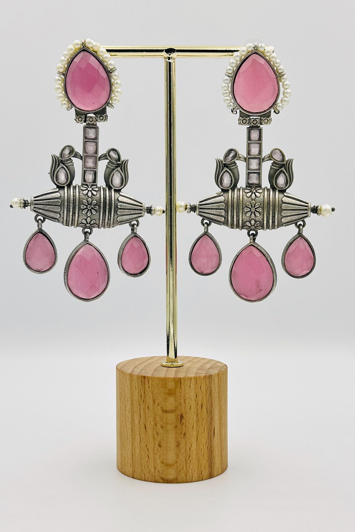 Handcrafted Silver Earrings with pink Crystals and Pearls