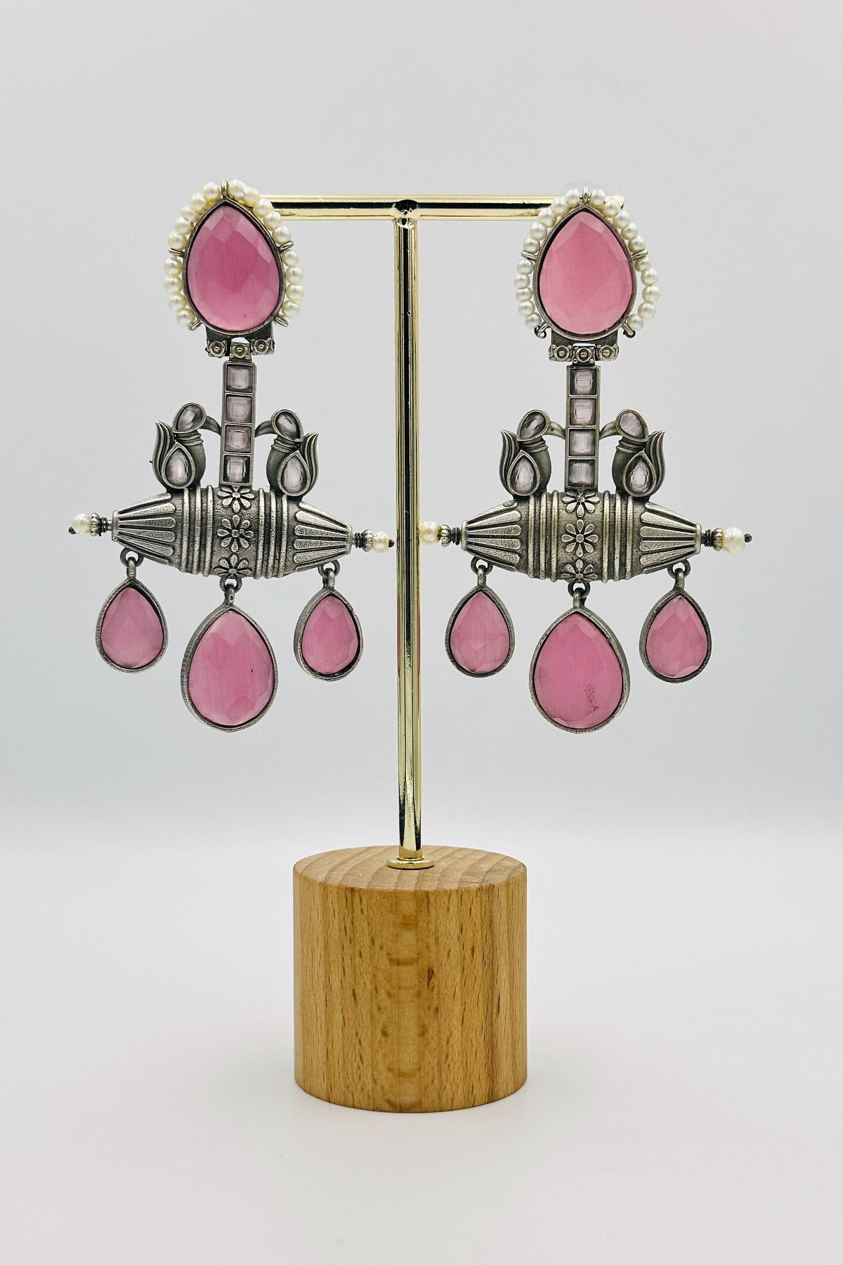 Handcrafted Silver Earrings with pink Crystals and Pearls