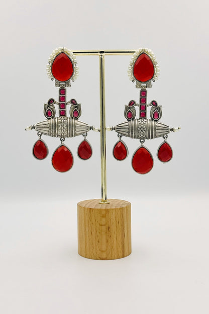 Handcrafted Silver Earrings with Red Crystals and Pearls