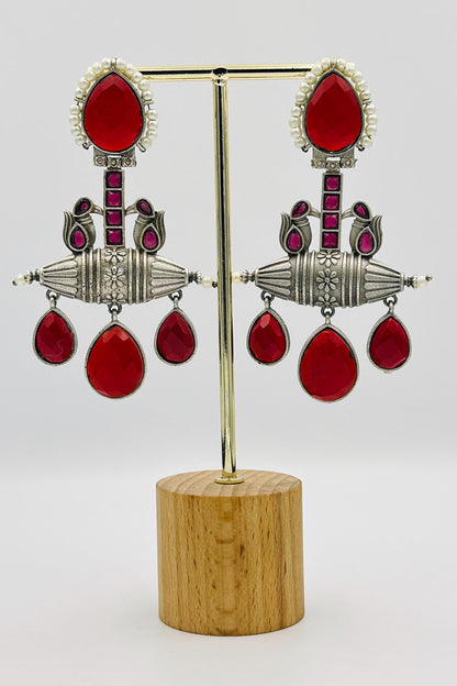 Handcrafted Silver Earrings with Red Crystals and Pearls