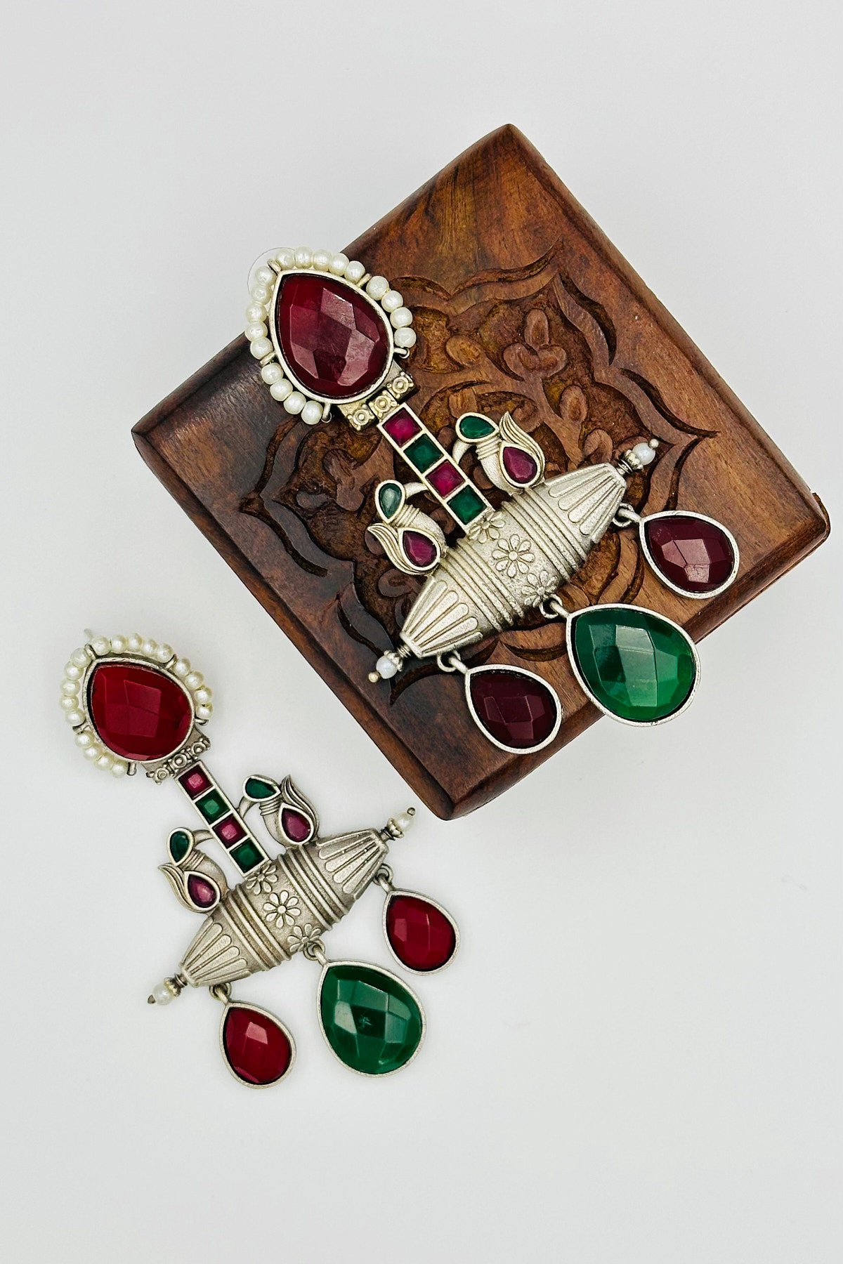 Handcrafted Silver Earrings with Red and Green Crystals and Pearls