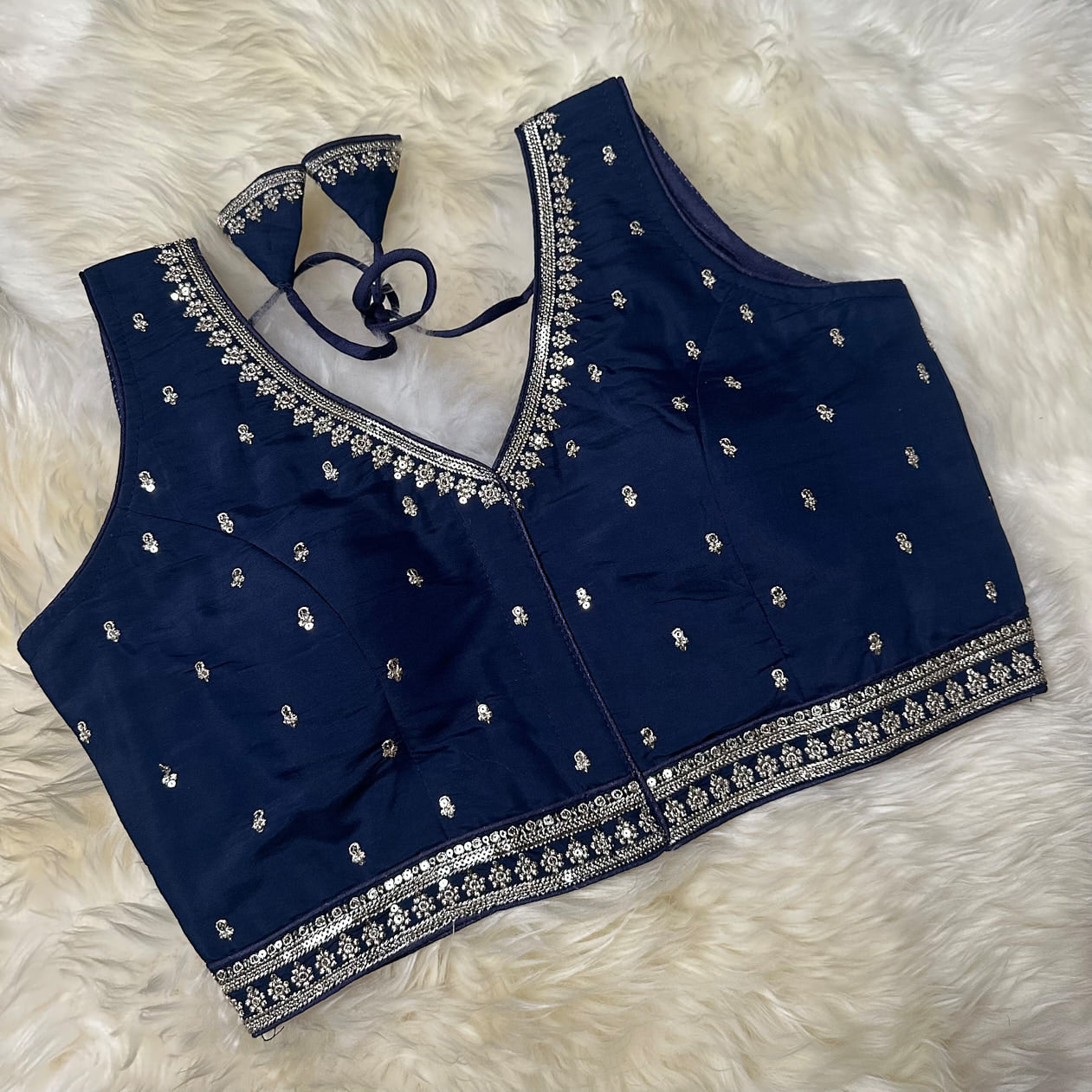 Dark Blue Silk Blouse with Exquisite Neck & Waist Embroidery and Elegant Back Design (Size 32–40)