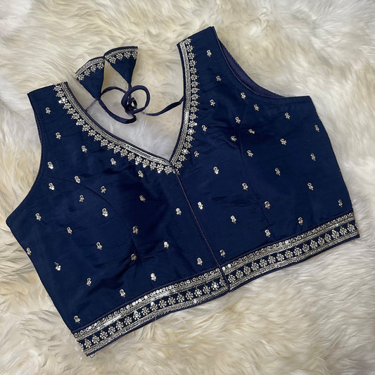Dark Blue Silk Blouse with Exquisite Neck & Waist Embroidery and Elegant Back Design (Size 32–40)