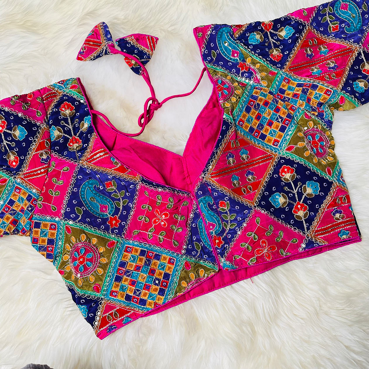 Elegant Pink Pure Crepe Blouse with Multi-Coloured Embroidery & Mid-Length Sleeves (Size 32–40)