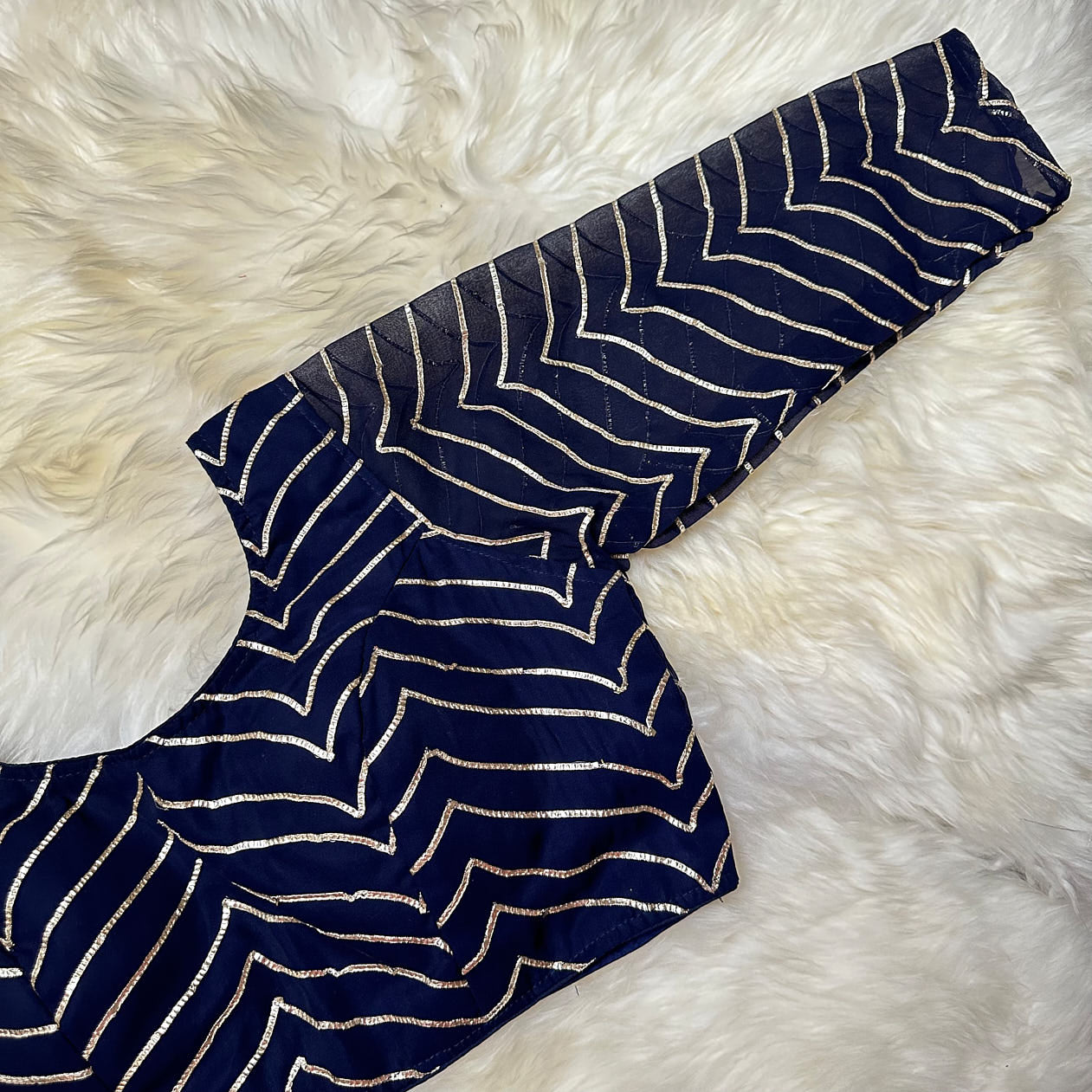 Navy Blue Georgette Blouse with Elegant Lace Work (Size 32–38)