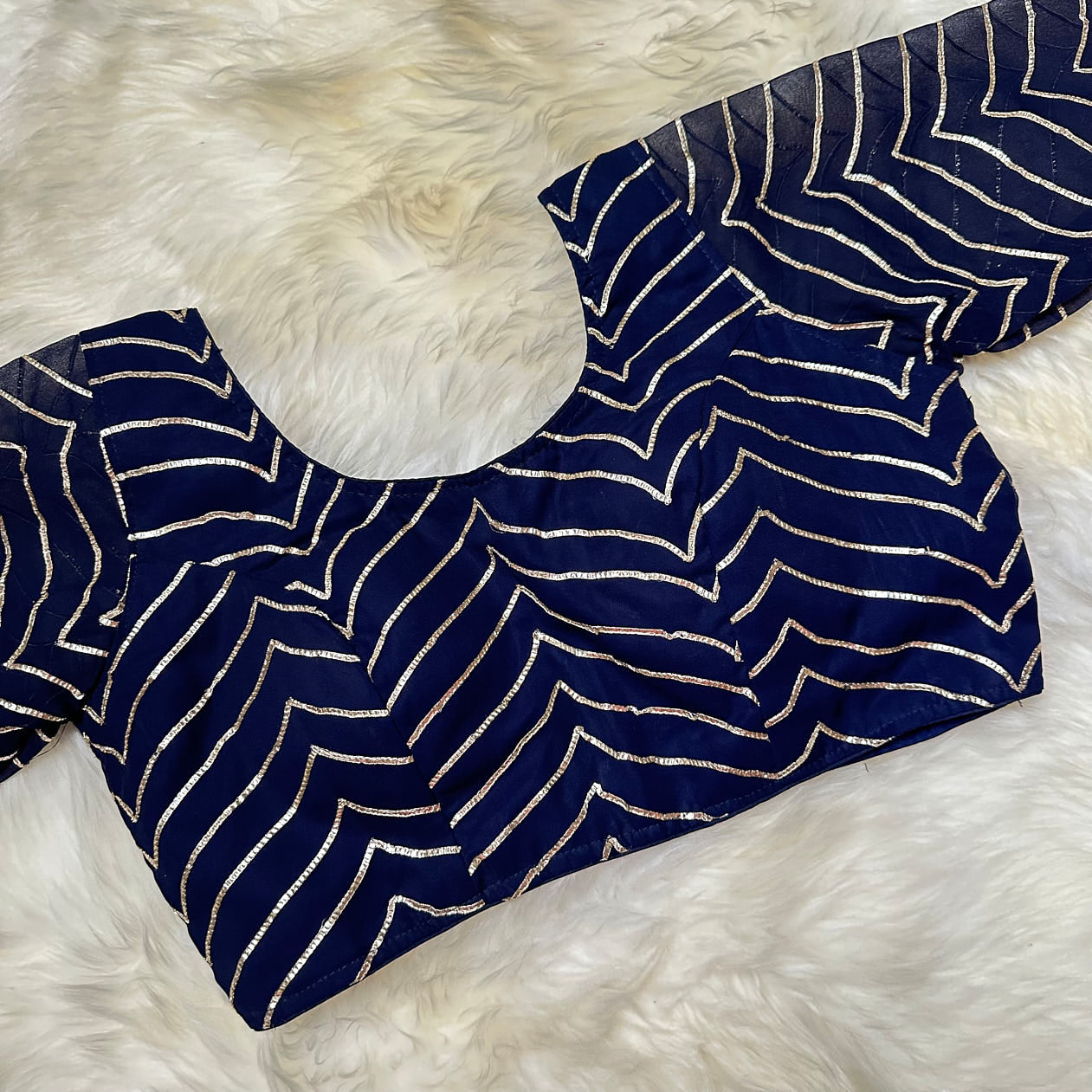 Navy Blue Georgette Blouse with Elegant Lace Work (Size 32–38)