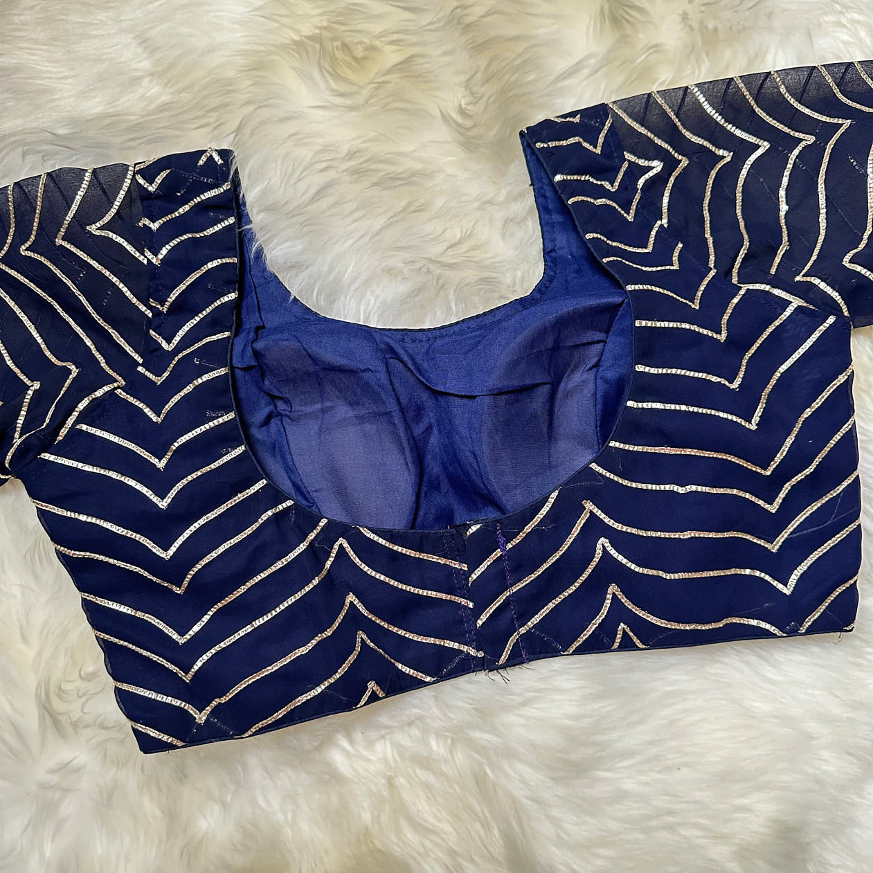 Navy Blue Georgette Blouse with Elegant Lace Work (Size 32–38)
